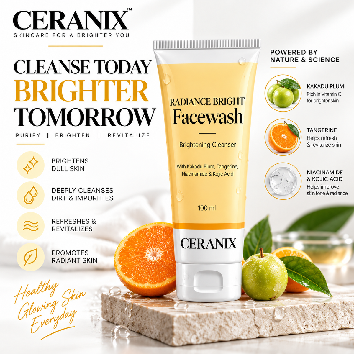 Ceranix Radiance Bright Face Wash 100ml | Brightening Cleanser with Kakadu Plum, Tangerine, Niacinamide & Kojic Acid