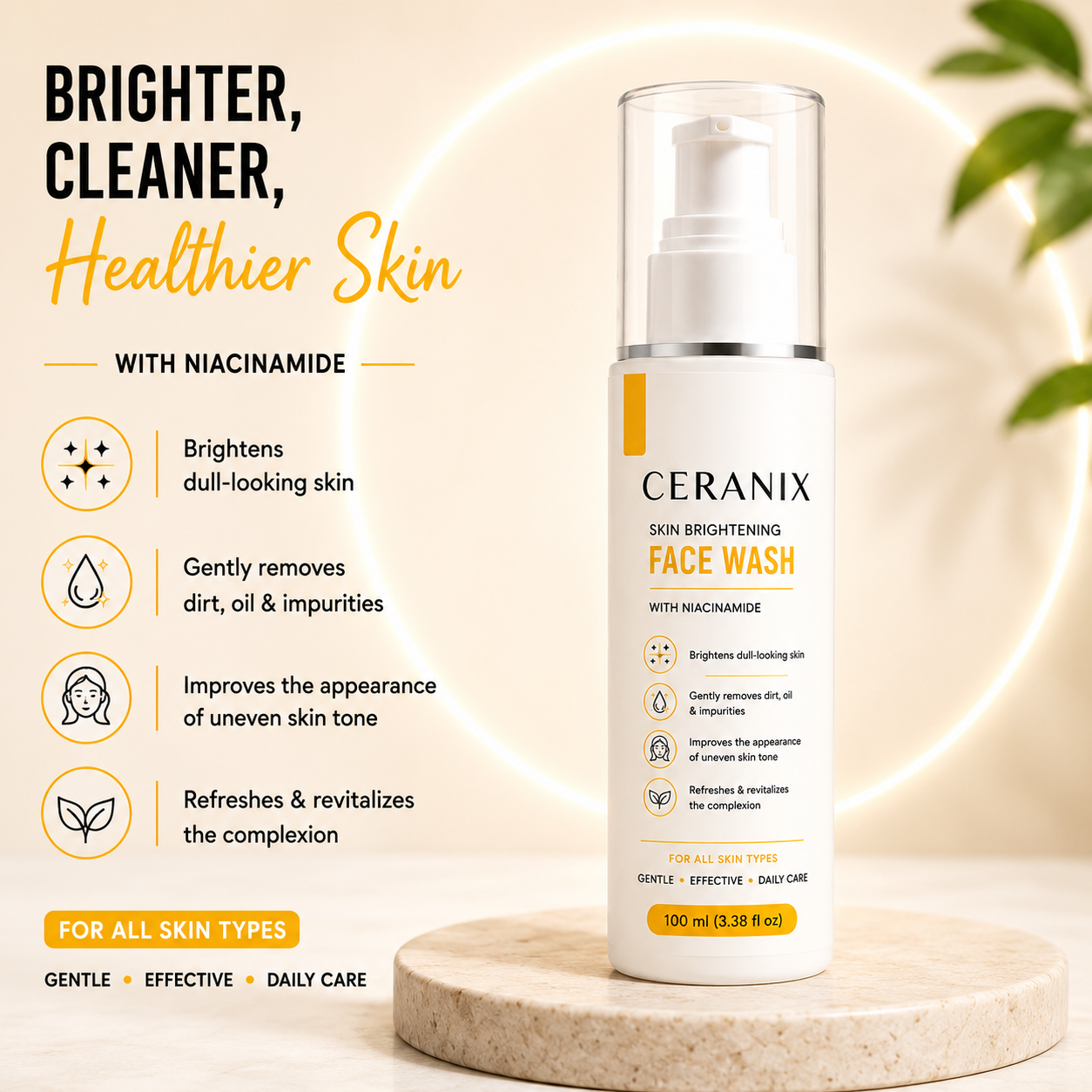 CERANIX Skin Brightening Face Wash with Niacinamide | Deep Cleansing Face Cleanser for Glowing Skin | Removes Dirt, Oil & Impurities | Suitable for All Skin Types | 100 ml
