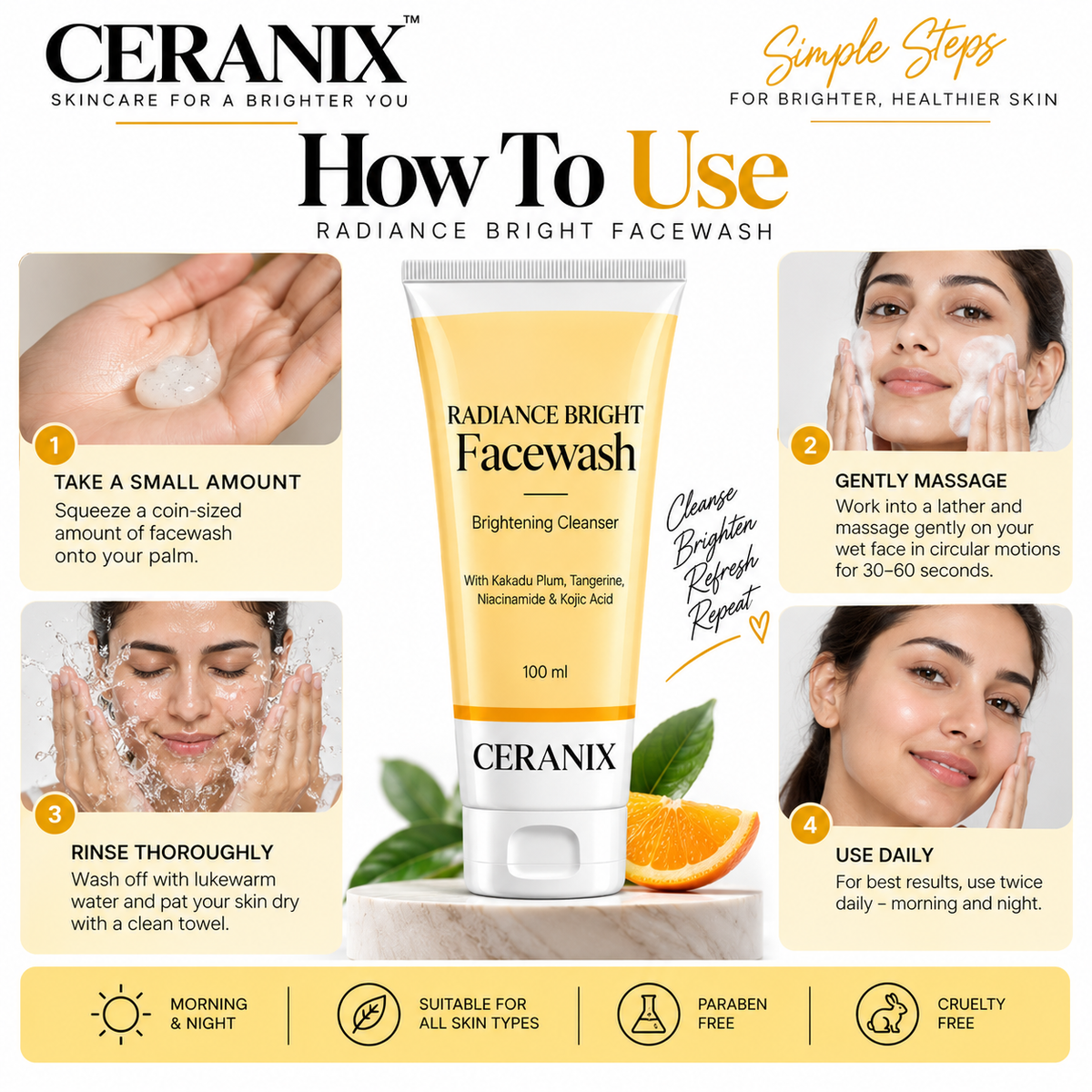 Ceranix Radiance Bright Face Wash 100ml | Brightening Cleanser with Kakadu Plum, Tangerine, Niacinamide & Kojic Acid