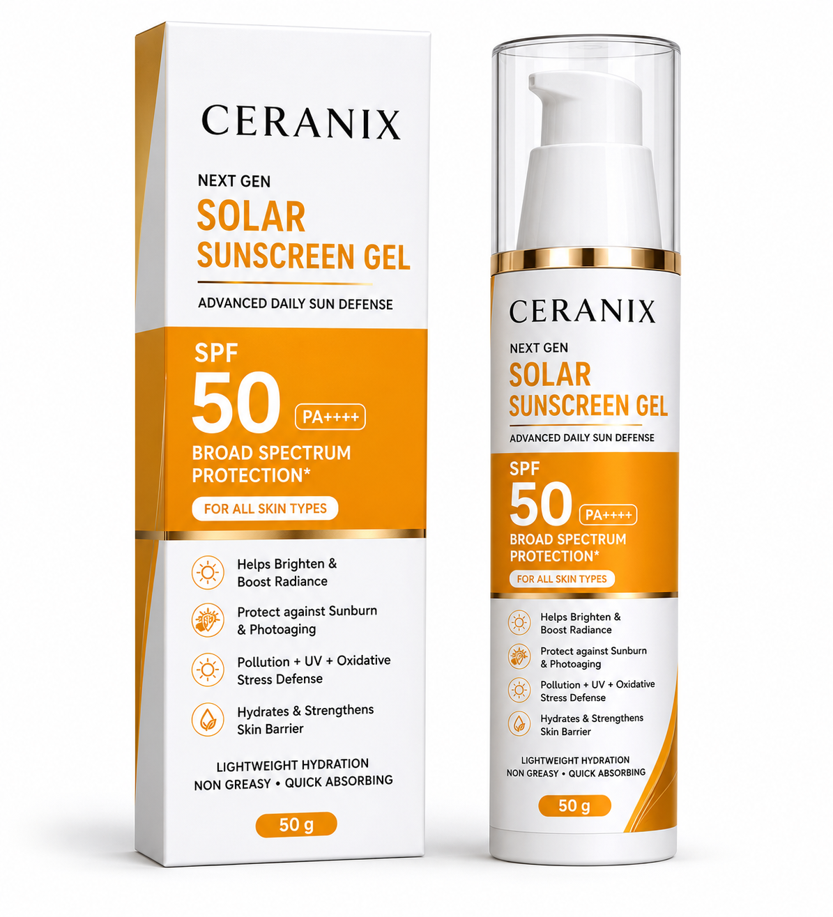 CERANIX Next Gen Solar Sunscreen Gel SPF 50 PA++++ | Broad Spectrum Daily UV Protection | Lightweight & Non-Greasy Sunscreen | Suitable for All Skin Types | 50 g