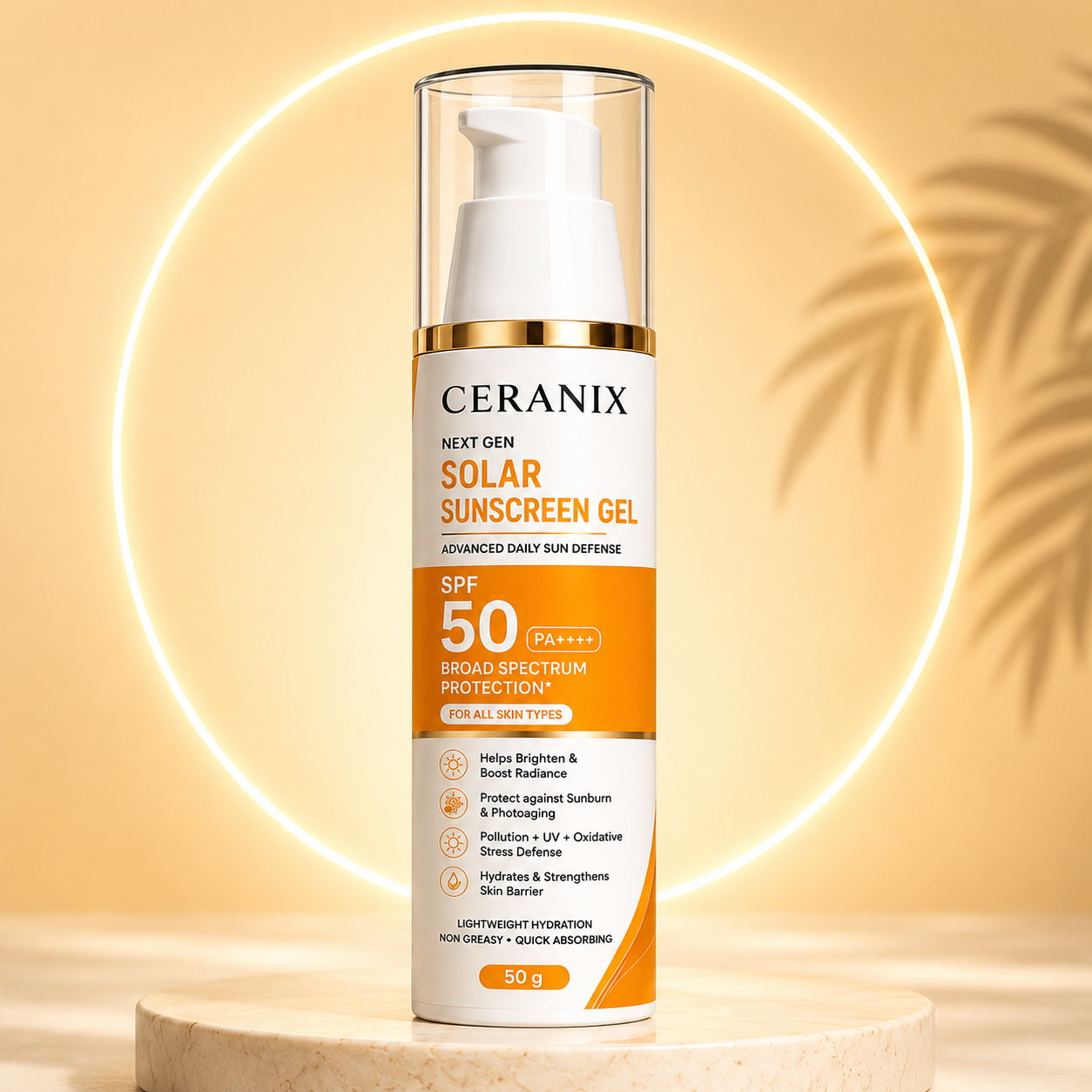 CERANIX Next Gen Solar Sunscreen Gel SPF 50 PA++++ | Broad Spectrum Daily UV Protection | Lightweight & Non-Greasy Sunscreen | Suitable for All Skin Types | 50 g