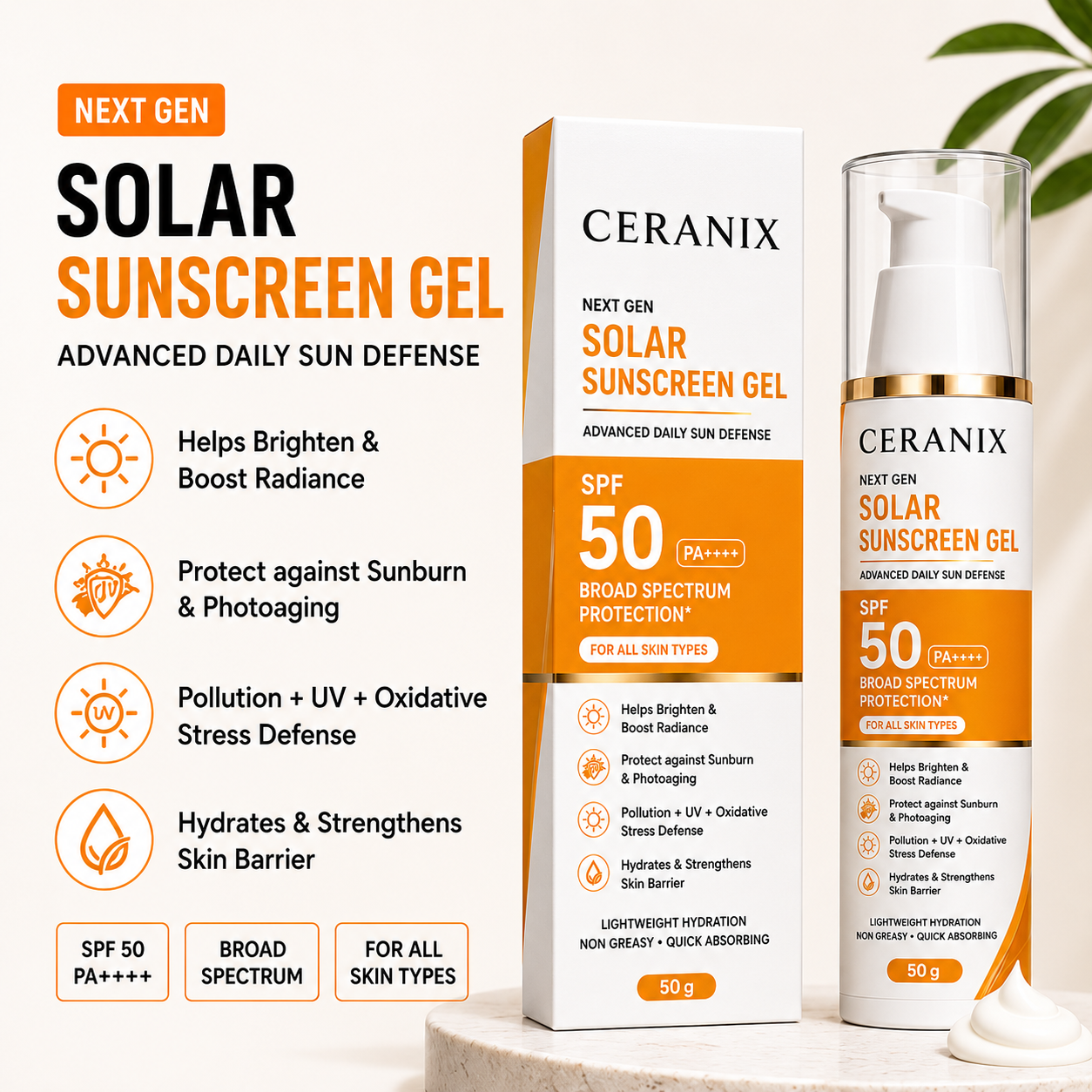 CERANIX Next Gen Solar Sunscreen Gel SPF 50 PA++++ | Broad Spectrum Daily UV Protection | Lightweight & Non-Greasy Sunscreen | Suitable for All Skin Types | 50 g