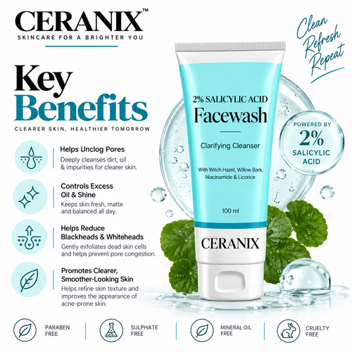 Ceranix 2% Salicylic Acid Face Wash 100ml | Clarifying Cleanser with Witch Hazel, Willow Bark, Niacinamide & Licorice | Oil Control Face Wash for Acne-Prone Skin
