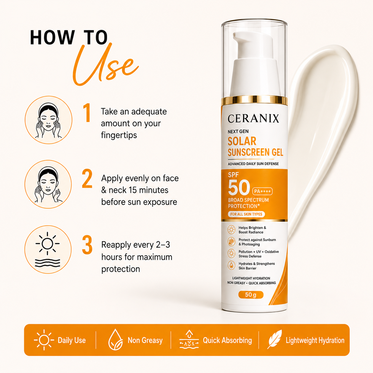 CERANIX Next Gen Solar Sunscreen Gel SPF 50 PA++++ | Broad Spectrum Daily UV Protection | Lightweight & Non-Greasy Sunscreen | Suitable for All Skin Types | 50 g