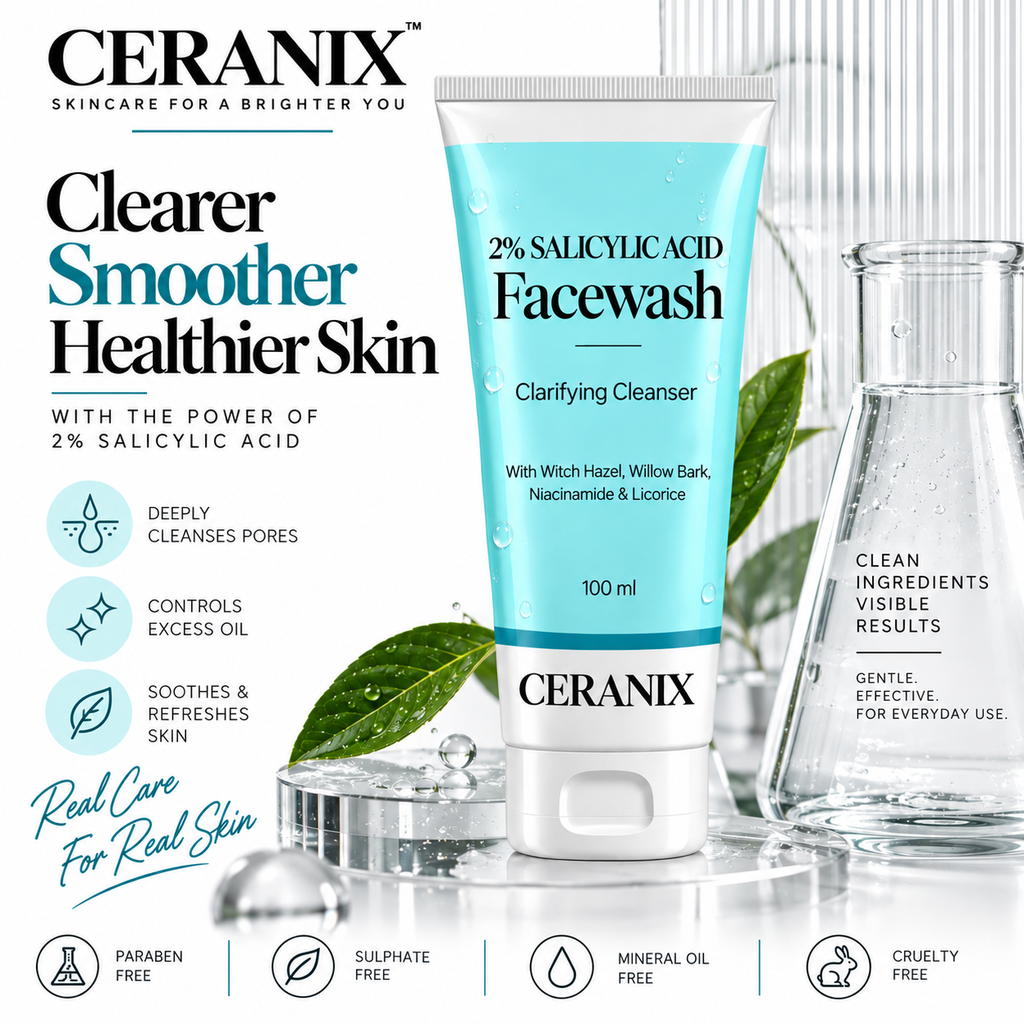 Ceranix 2% Salicylic Acid Face Wash 100ml | Clarifying Cleanser with Witch Hazel, Willow Bark, Niacinamide & Licorice | Oil Control Face Wash for Acne-Prone Skin