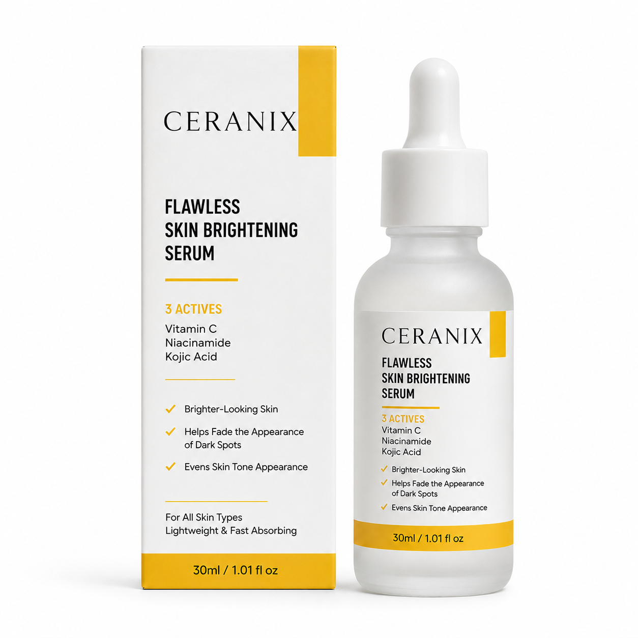 CERANIX Flawless Skin Brightening Serum with Vitamin C, Niacinamide & Kojic Acid | Lightweight Face Serum for Even-Looking Skin Tone | Fast Absorbing | Suitable for All Skin Types | 30 ml