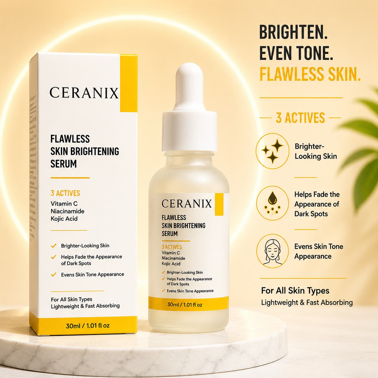 CERANIX Flawless Skin Brightening Serum with Vitamin C, Niacinamide & Kojic Acid | Lightweight Face Serum for Even-Looking Skin Tone | Fast Absorbing | Suitable for All Skin Types | 30 ml