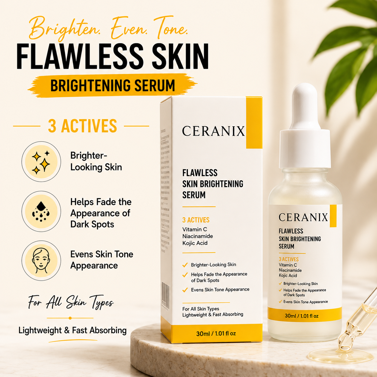 CERANIX Flawless Skin Brightening Serum with Vitamin C, Niacinamide & Kojic Acid | Lightweight Face Serum for Even-Looking Skin Tone | Fast Absorbing | Suitable for All Skin Types | 30 ml