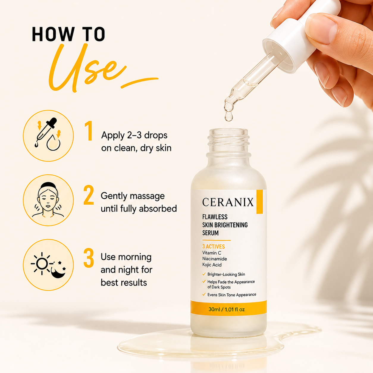 CERANIX Flawless Skin Brightening Serum with Vitamin C, Niacinamide & Kojic Acid | Lightweight Face Serum for Even-Looking Skin Tone | Fast Absorbing | Suitable for All Skin Types | 30 ml