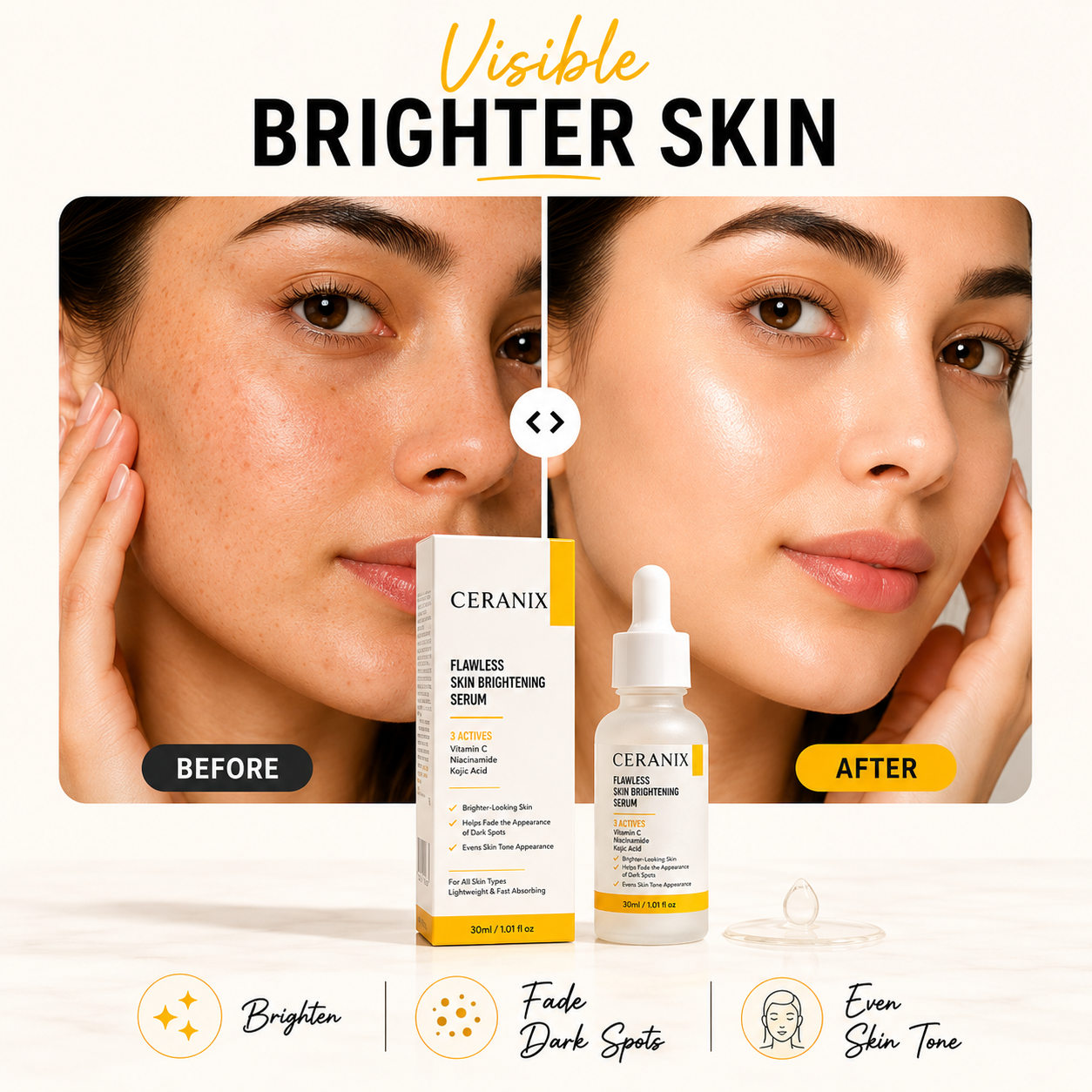 CERANIX Flawless Skin Brightening Serum with Vitamin C, Niacinamide & Kojic Acid | Lightweight Face Serum for Even-Looking Skin Tone | Fast Absorbing | Suitable for All Skin Types | 30 ml