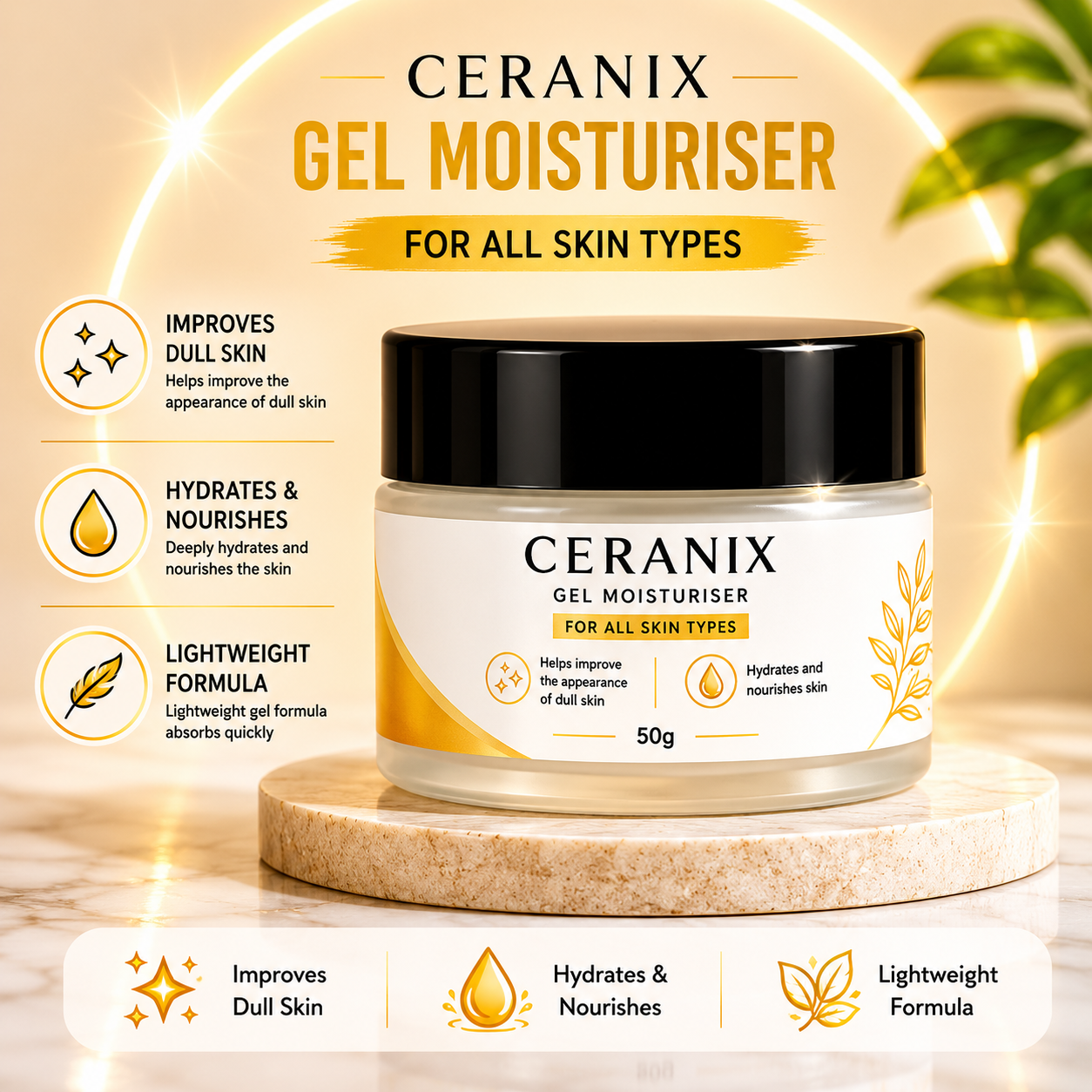 CERANIX Gel Moisturiser for All Skin Types | Lightweight Hydrating Face Moisturizer | Non-Greasy Daily Moisturiser | Soft & Nourished Skin | 50 g