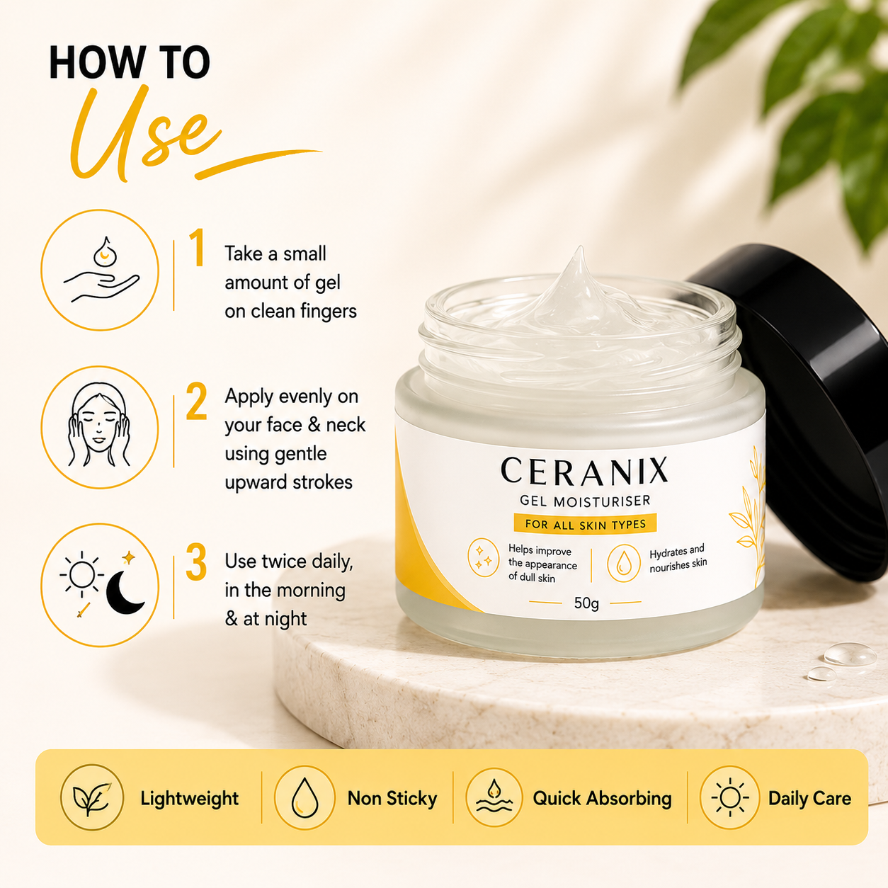 CERANIX Gel Moisturiser for All Skin Types | Lightweight Hydrating Face Moisturizer | Non-Greasy Daily Moisturiser | Soft & Nourished Skin | 50 g
