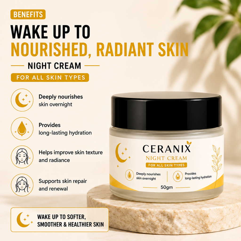 CERANIX Night Cream for All Skin Types | Deep Nourishing Overnight Face Cream | Lightweight Hydrating Night Moisturiser | Soft & Healthy-Looking Skin | 50 g