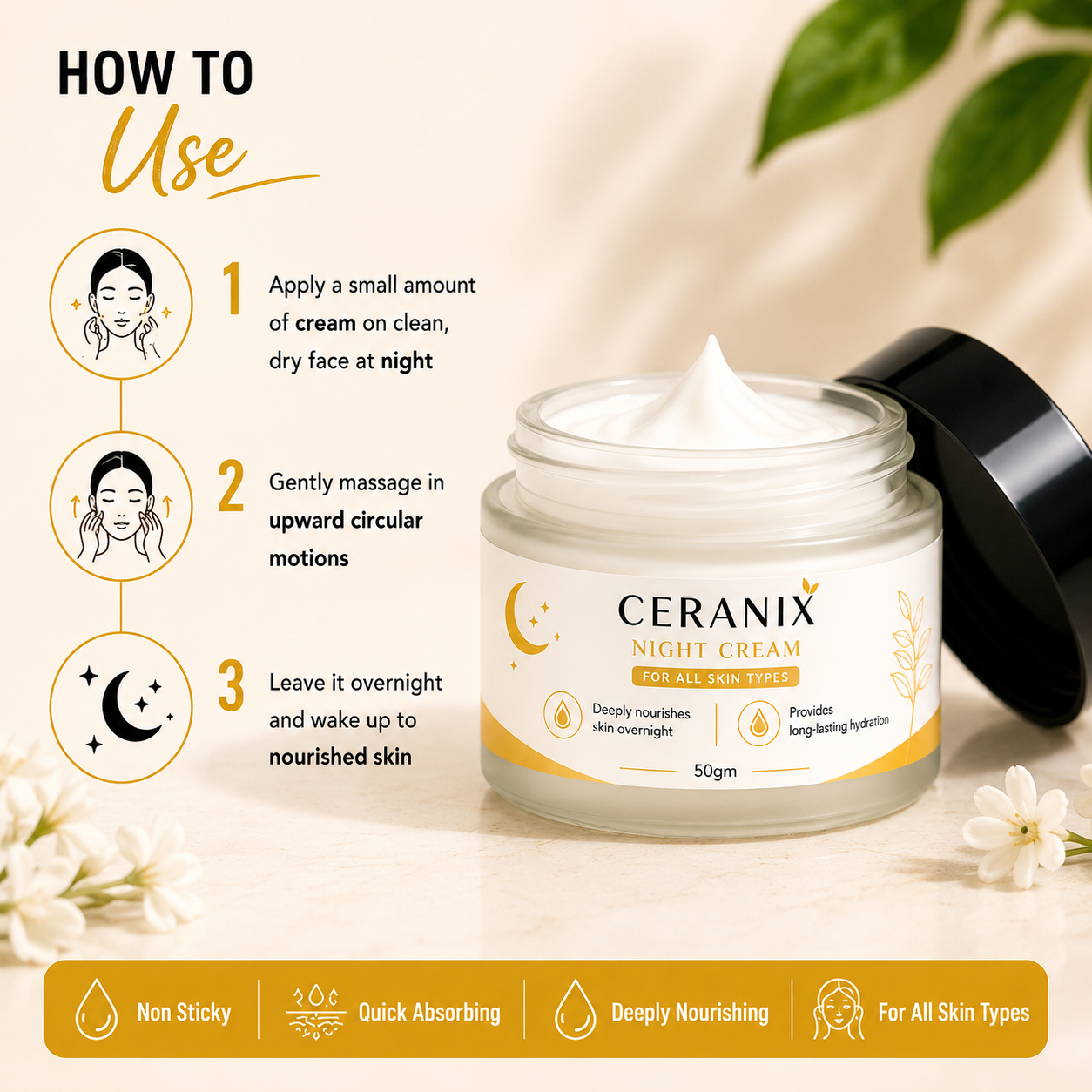 CERANIX Night Cream for All Skin Types | Deep Nourishing Overnight Face Cream | Lightweight Hydrating Night Moisturiser | Soft & Healthy-Looking Skin | 50 g