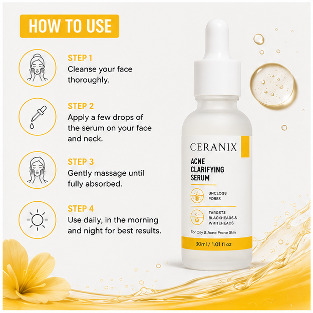 CERANIX Acne Clarifying Serum | Lightweight Face Serum for Oily & Acne-Prone Skin | Helps Unclog Pores & Improve Skin Clarity | Fast Absorbing | 30 ml