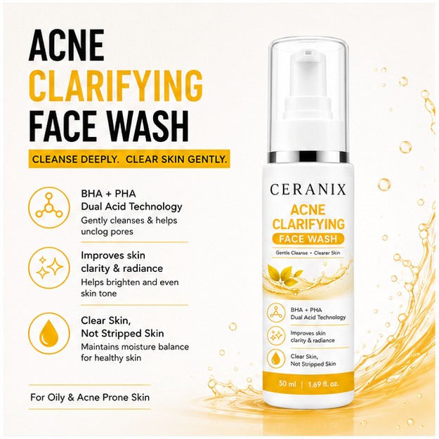 CERANIX Acne Clarifying Face Wash with BHA + PHA | Deep Cleansing Face Cleanser for Oily & Acne-Prone Skin | Removes Excess Oil & Unclogs Pores | Daily Face Wash | 50 ml