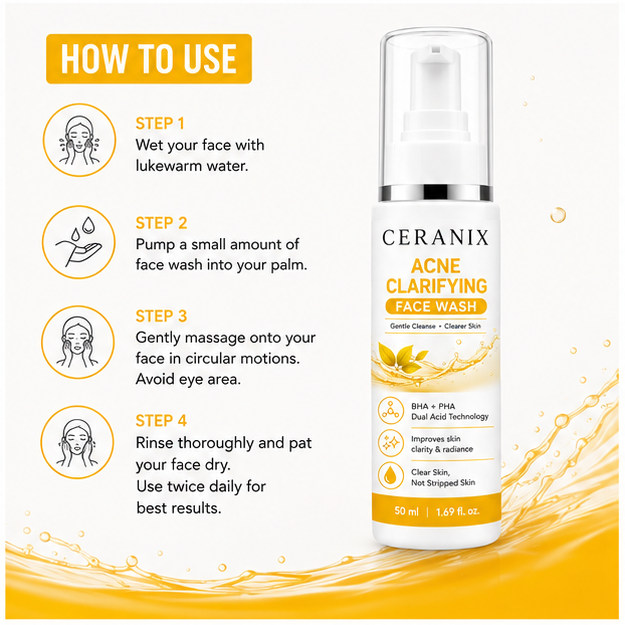 CERANIX Acne Clarifying Face Wash with BHA + PHA | Deep Cleansing Face Cleanser for Oily & Acne-Prone Skin | Removes Excess Oil & Unclogs Pores | Daily Face Wash | 50 ml