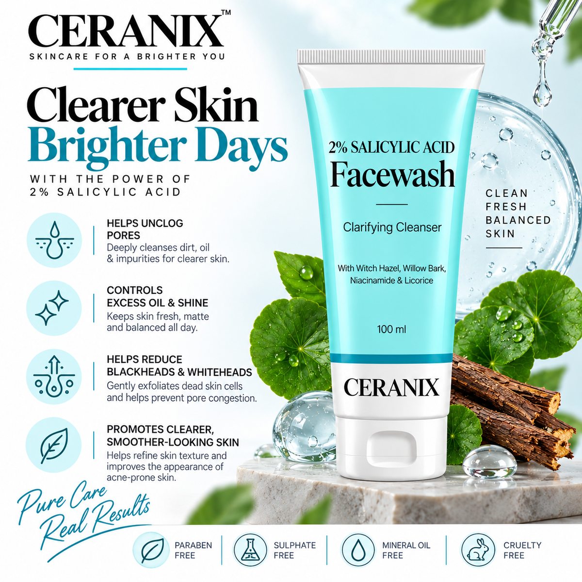Ceranix 2% Salicylic Acid Face Wash 100ml | Clarifying Cleanser with Witch Hazel, Willow Bark, Niacinamide & Licorice | Oil Control Face Wash for Acne-Prone Skin
